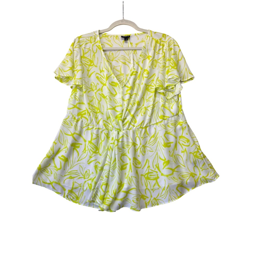Torrid Womens 0 Neon Yellow White Abstract Floral Surplice Peplum Blouse Top